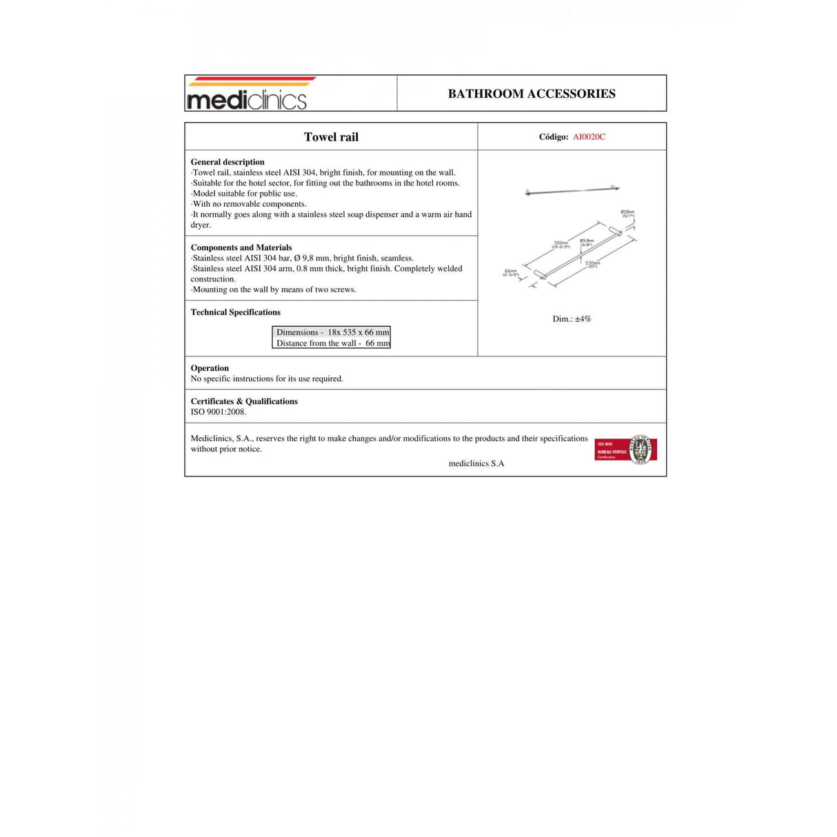 AI0020 Mediclinics Serie Medinox Portasciugamani da parete in Acciaio Inossidabile AISI 304