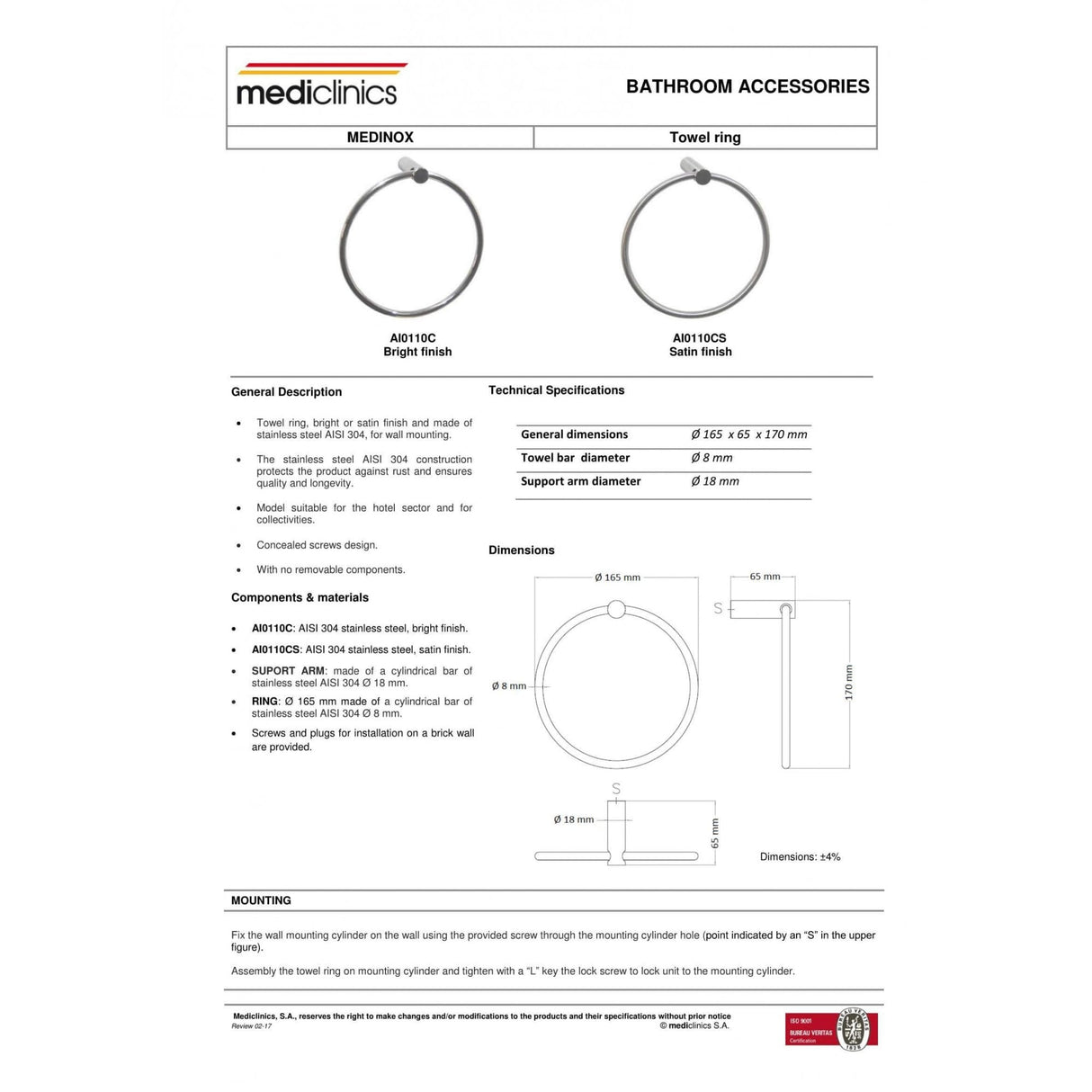AI0110 Mediclinics Medinox Series Anneau porte-serviettes en acier inoxydable AISI 304