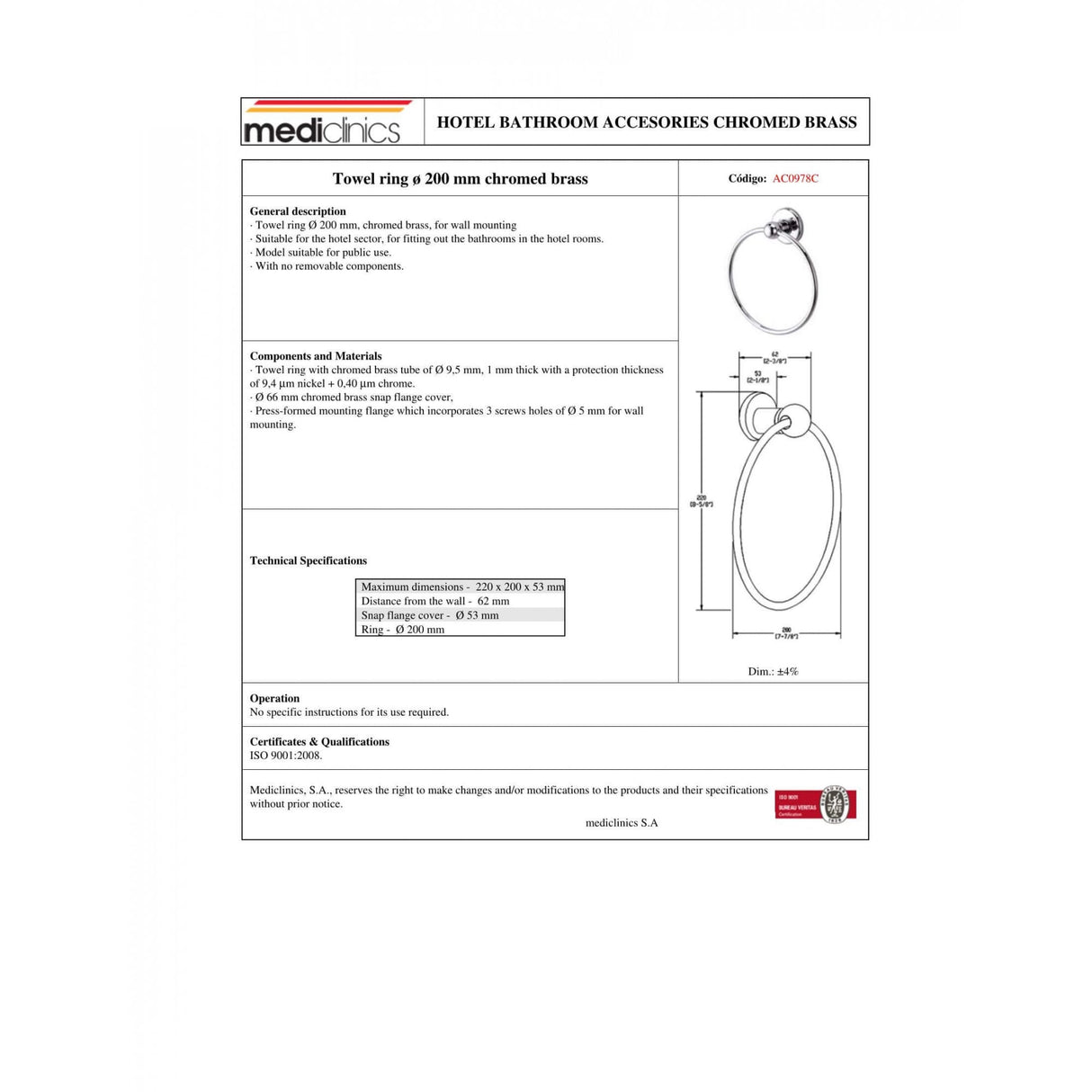 Anneau porte-serviettes en laiton chromé Mediclinics, 200 mm