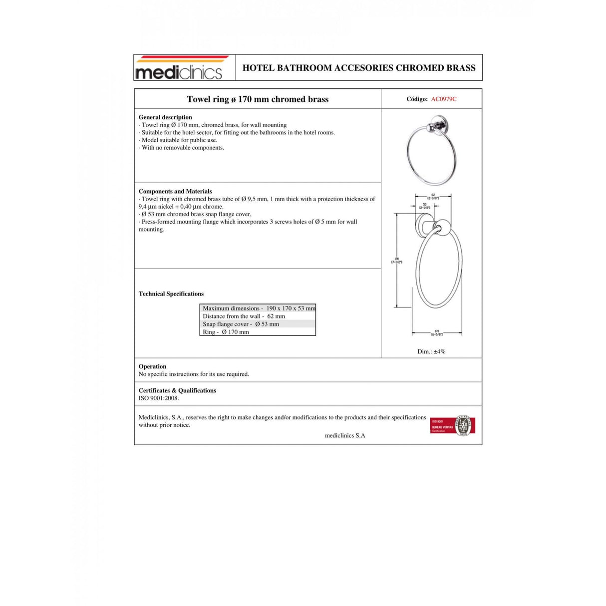 Anneau porte-serviettes en laiton chromé Mediclinics, 170 mm