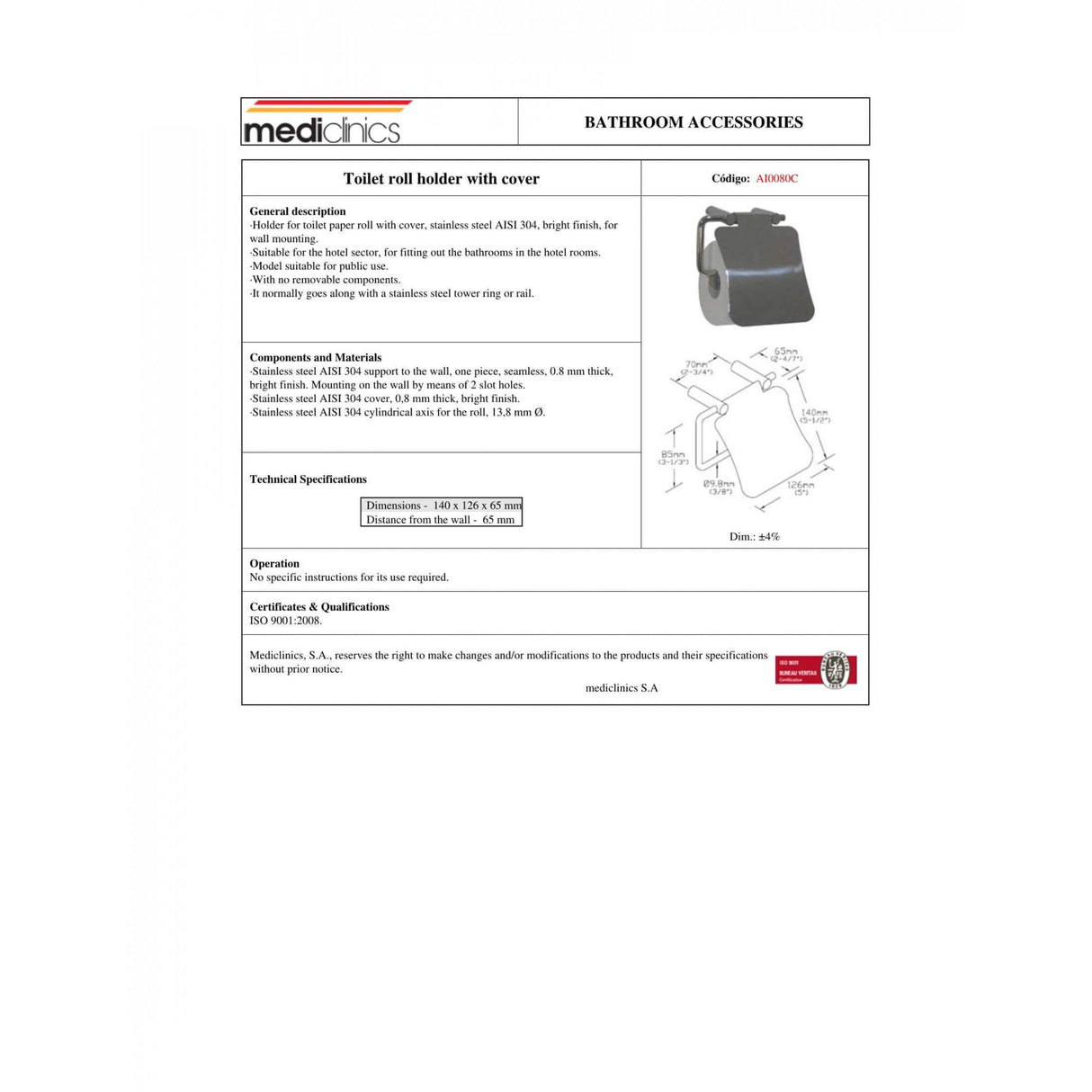 AI0080 Mediclinics Porta carta igienica in acciaio inox AISI 304 serie Medinox con coperchio