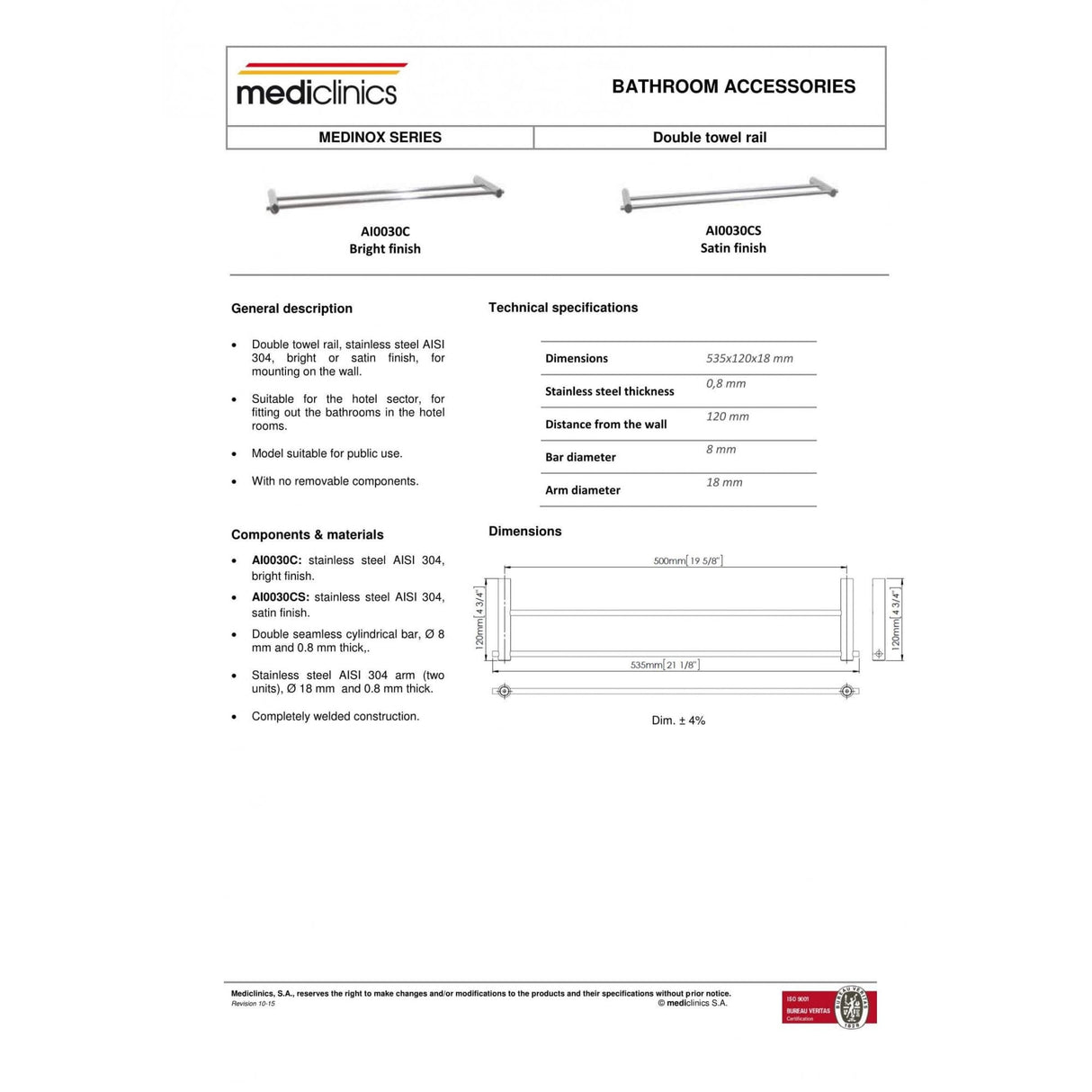 AI0030 Mediclinics Medinox Series Porte-serviettes double en acier inoxydable AISI 304