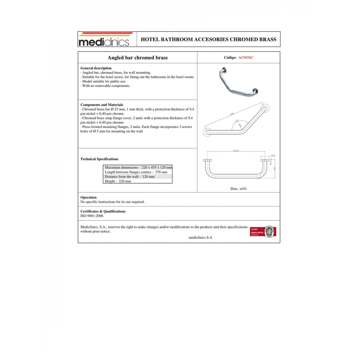 Mediclinics Angled Chromed Brass Grab Bar