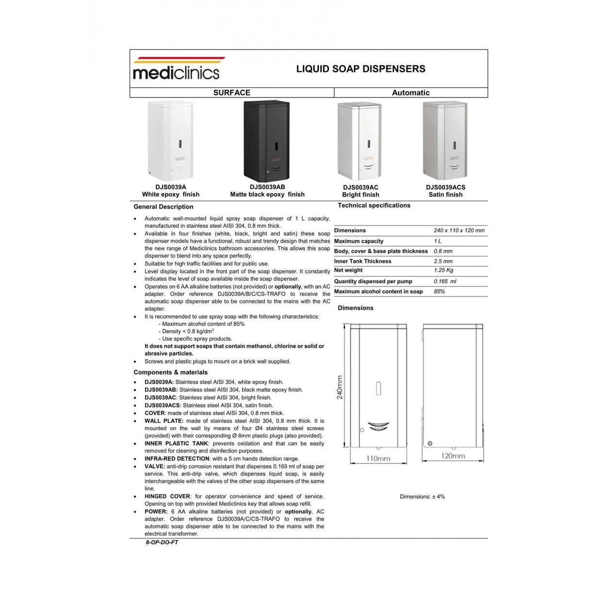 Dispenser automatico di disinfettante per mani SPRAY LIQUIDO alcolico