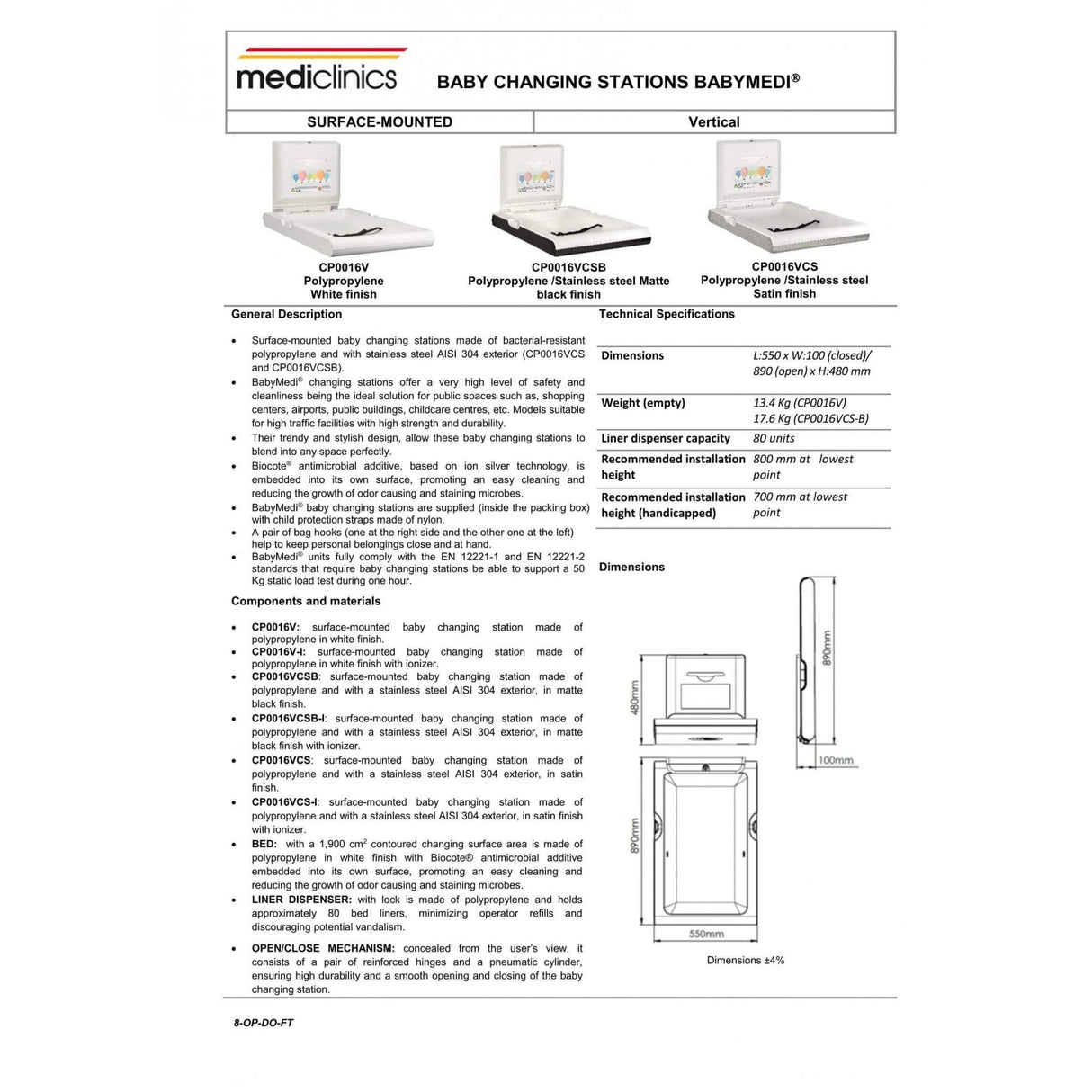 BabyMedi® Vertical Baby Changing Station - Polypropylene / Stainless Steel