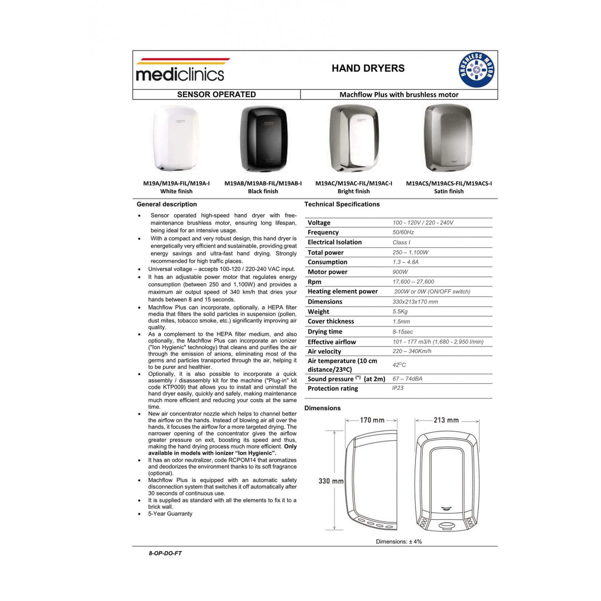 Machflow Plus Brushless Hand Dryer with HEPA filter & Ioniser M19A