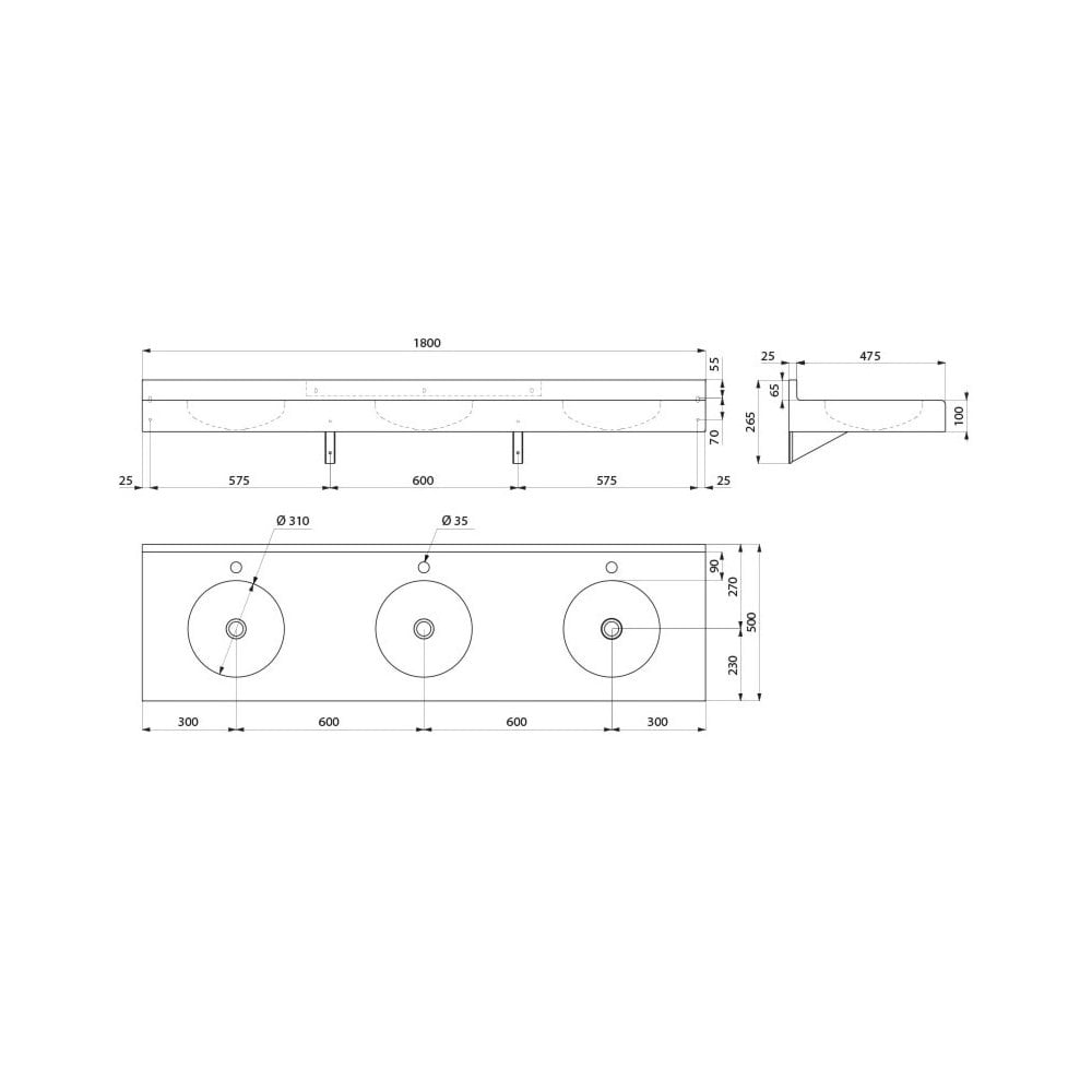 TRIPLO RP Stainless Steel Wall-Mounted Multiple Washbasin and Splaashback with 3 x Ø35mm tap holes L.1800mm 121750