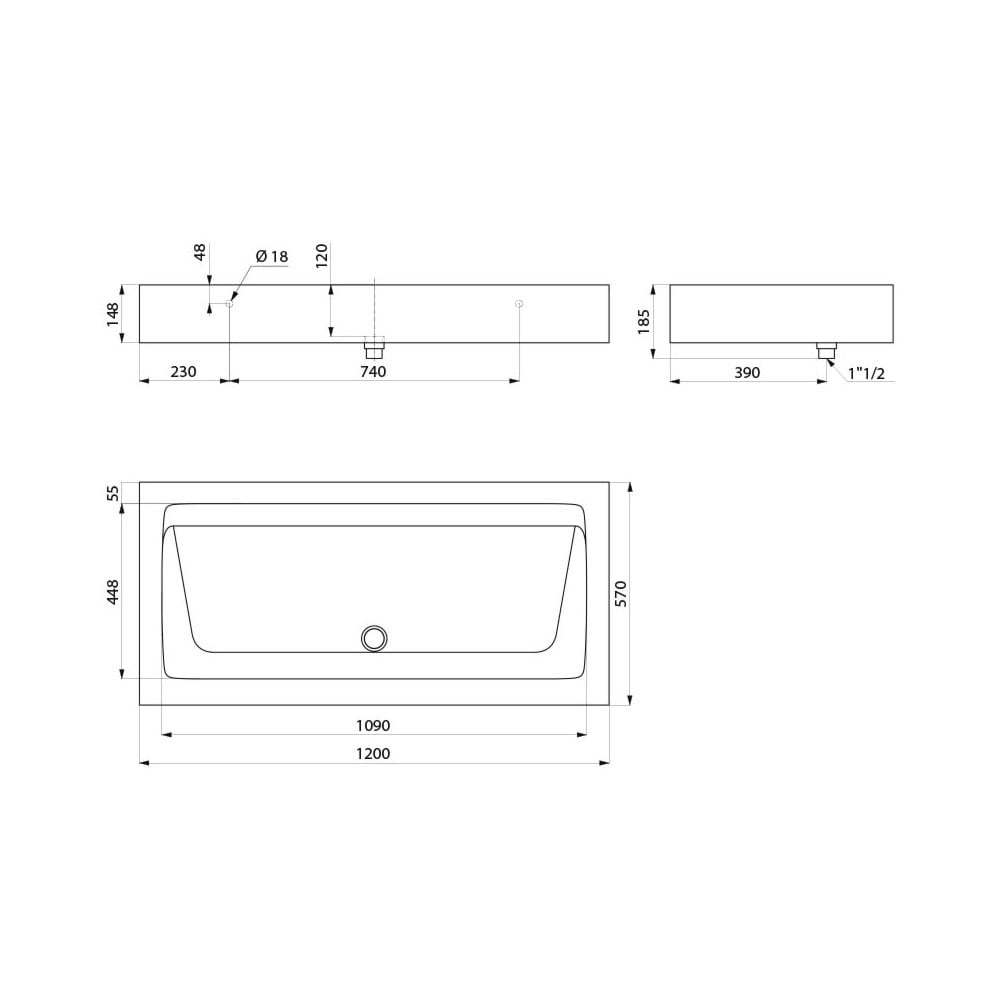 MINERALCAST Wall-Mounted Wash Trough for 2 taps L.1200mm 454120