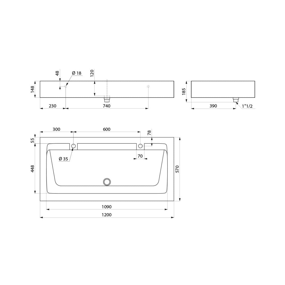 MINERALCAST Wall-Mounted Wash Trough L.1200mm with 2 x Ø35mm tap holes 454122