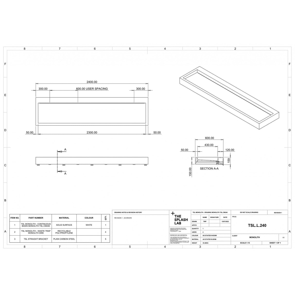 The Monolith S, M or L Series Wall Mounted Wash Basin L.2400mm (300, 450 or 600mm Depth)