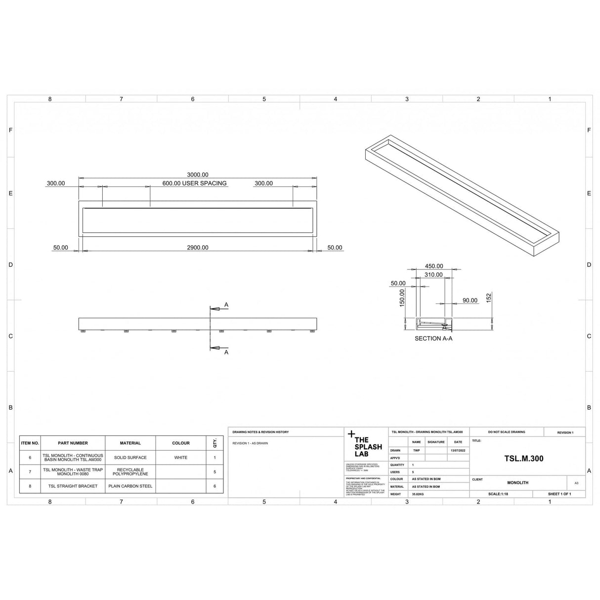 The Monolith S, M or L Series Wall Mounted Wash Basin L.3000mm (300, 450 or 600mm Depth)