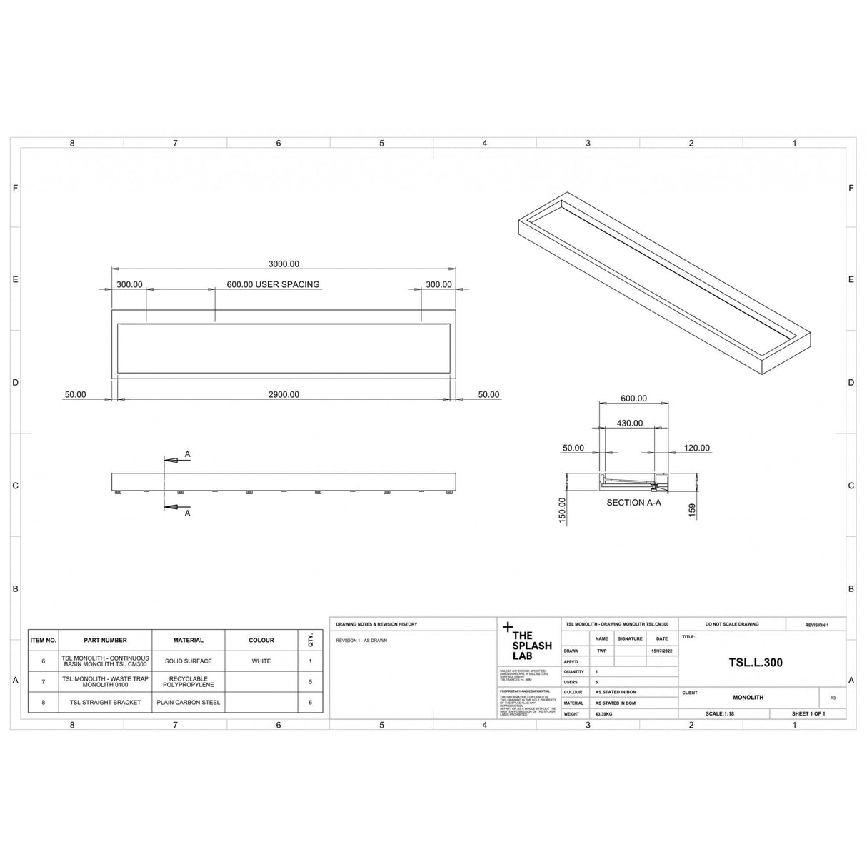 The Monolith S, M or L Series Wall Mounted Wash Basin L.3000mm (300, 450 or 600mm Depth)