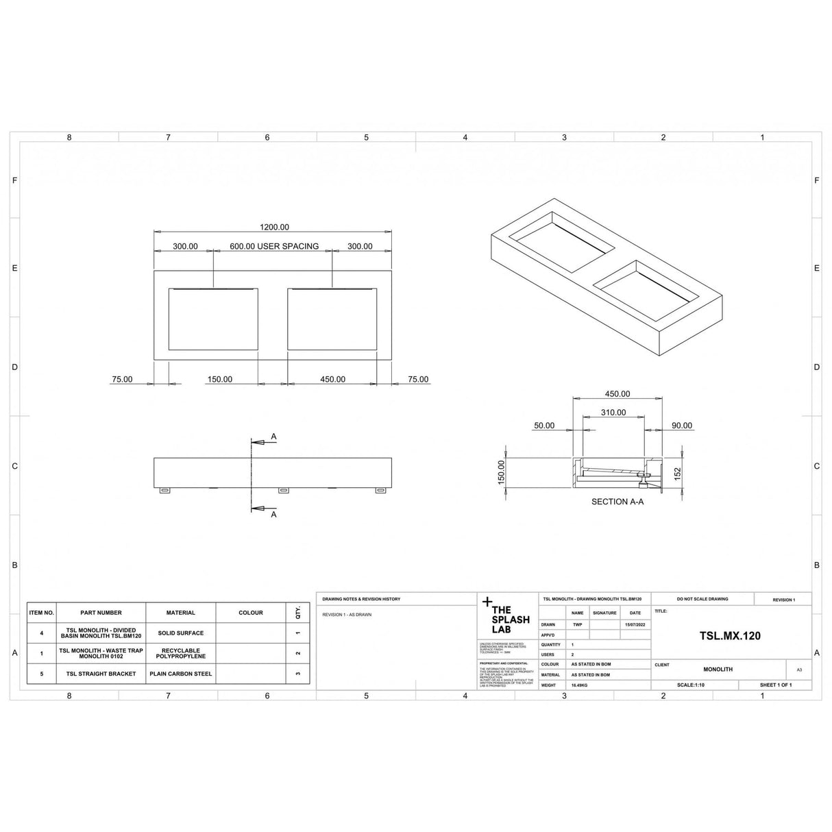 The Monolith M+ or L+ Series Wall Mounted Wash Basin L.1200mm (450 or 600mm Depth)