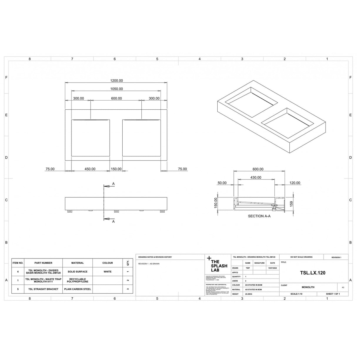 The Monolith M+ or L+ Series Wall Mounted Wash Basin L.1200mm (450 or 600mm Depth)