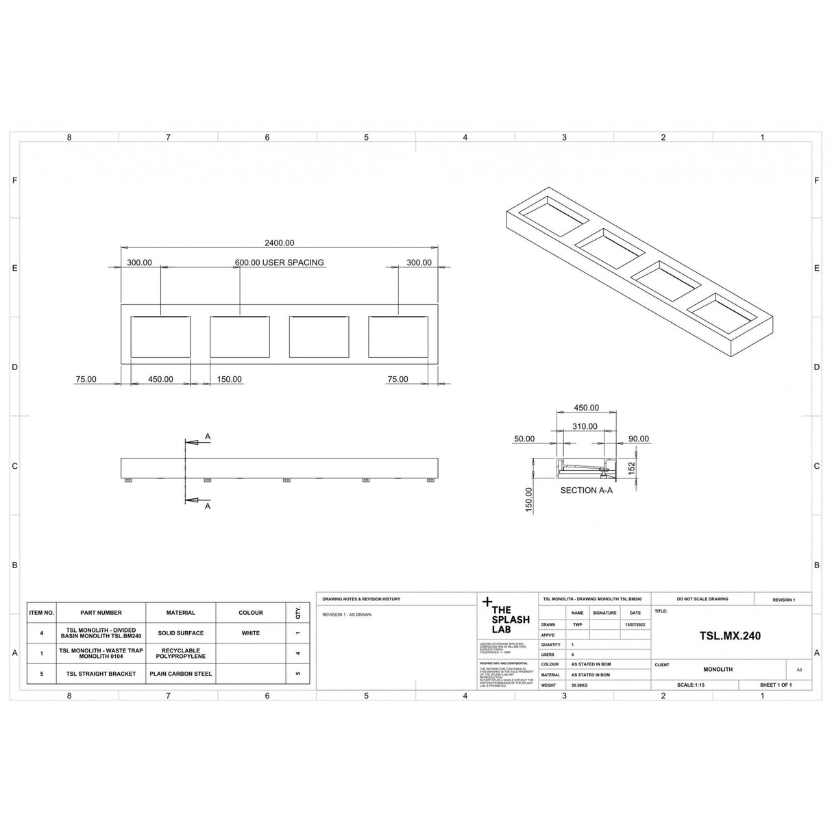 The Monolith M+ or L+ Series Wall Mounted Wash Basin L.2400mm (450 or 600mm Depth)