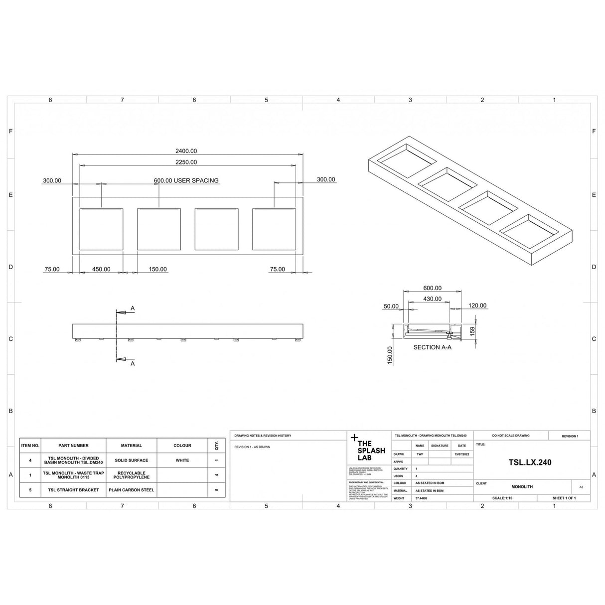 The Monolith M+ or L+ Series Wall Mounted Wash Basin L.2400mm (450 or 600mm Depth)