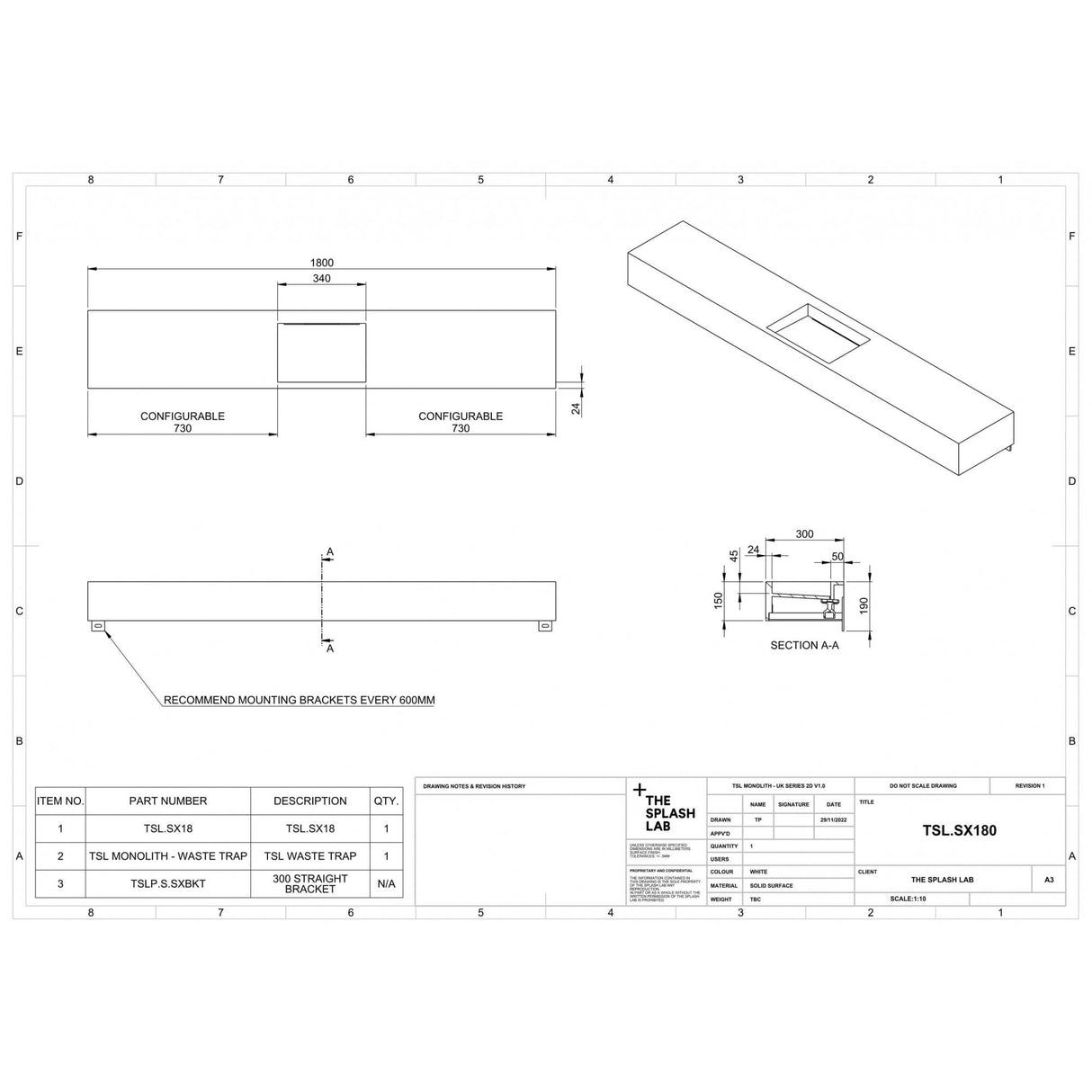 The Monolith S+ Series Wall Mounted Wash Basin With Large Vanity Area 1800x300