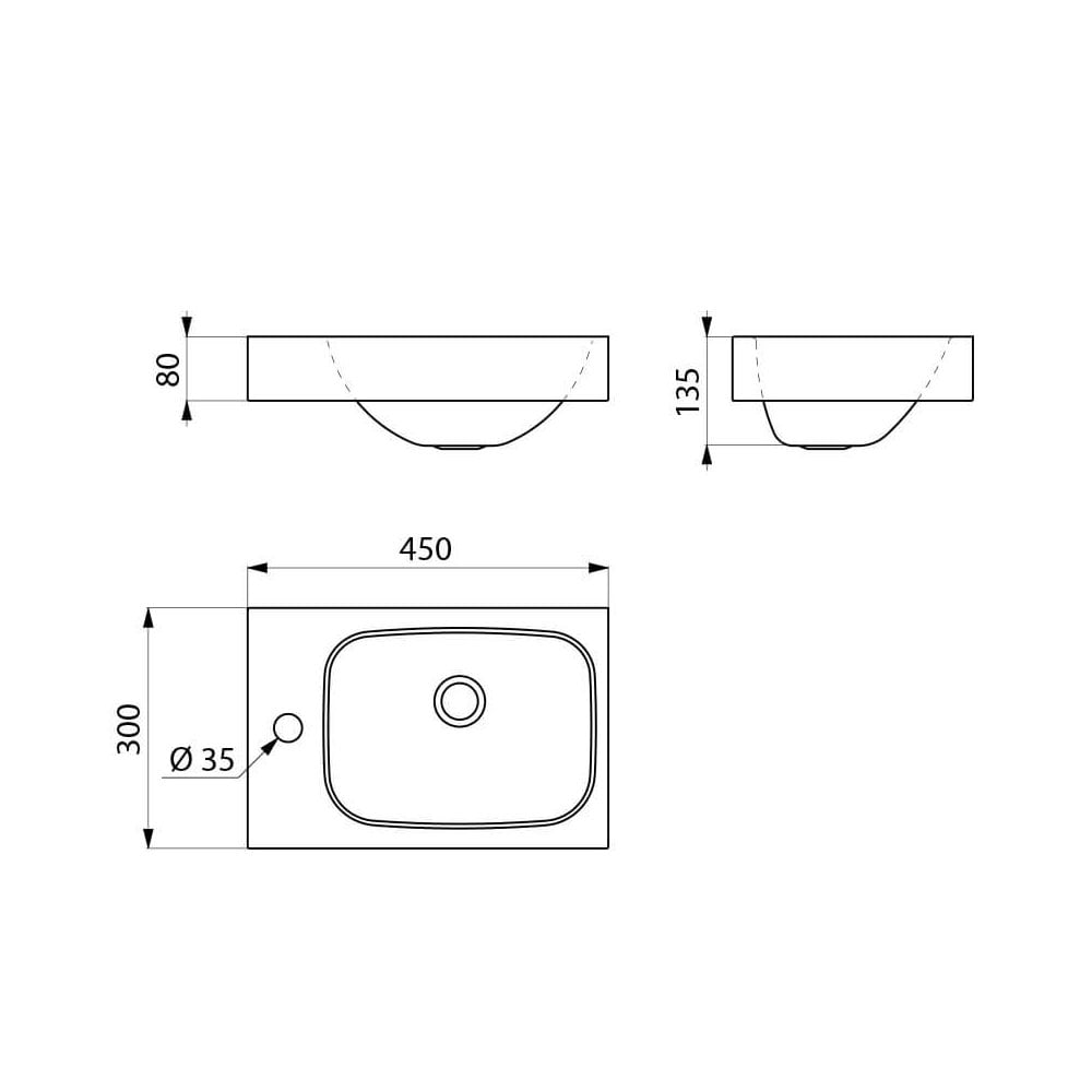 LAVANDO Lave-mains mural en acier inoxydable 450x300 avec trou pour robinetterie Ø35 mm sur le côté gauche 121360