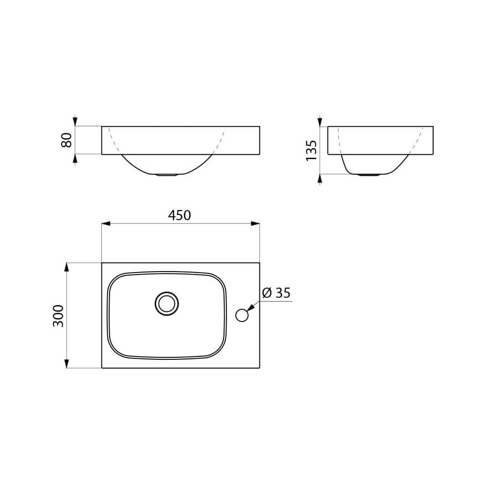 LAVANDO Lave-mains mural en acier inoxydable 450x300 avec trou pour robinetterie Ø35 mm sur le côté droit 121370