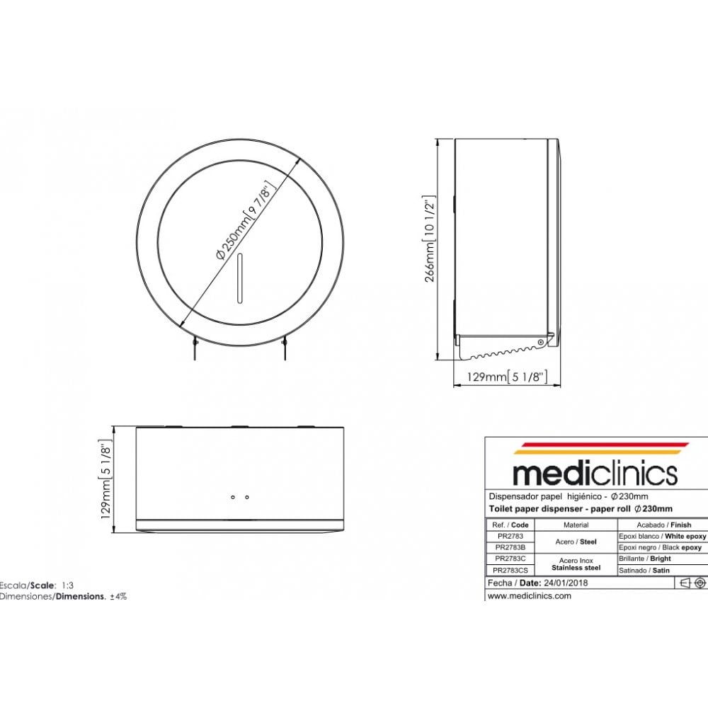 Dispenser industriale per rotoli di carta da parete Mediclinics Ø230MM