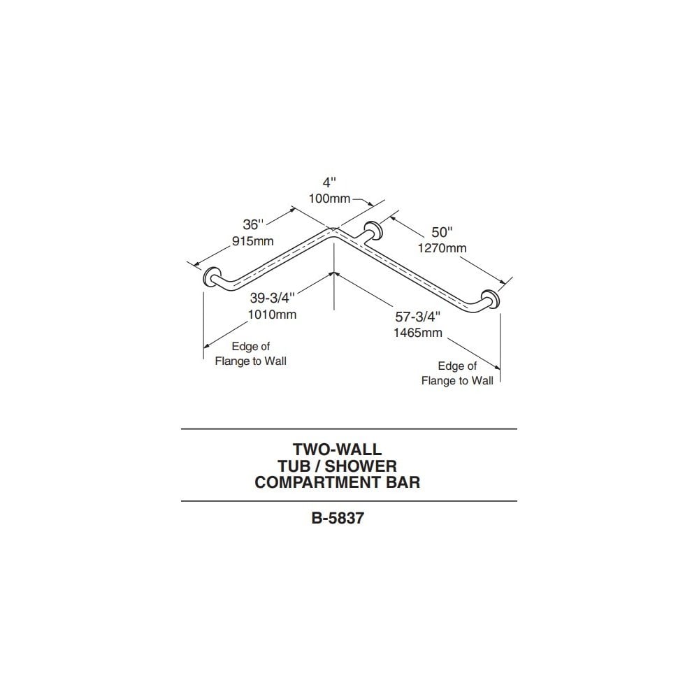 B-5837.99 Horizontal Bathroom 32mm Diameter Grab Rail for Two Walls with Peened Gripping Surface (1010 x 1465mm)