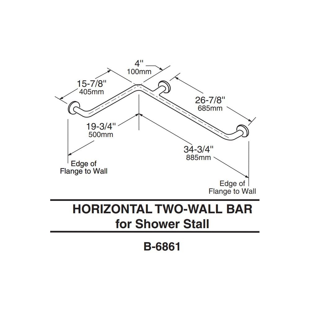B-6861.99 38mm Diameter L-Shaped Stainless Steel Two-Wall Shower Grab Bar with Peened Gripping Surface (500 x 885mm)