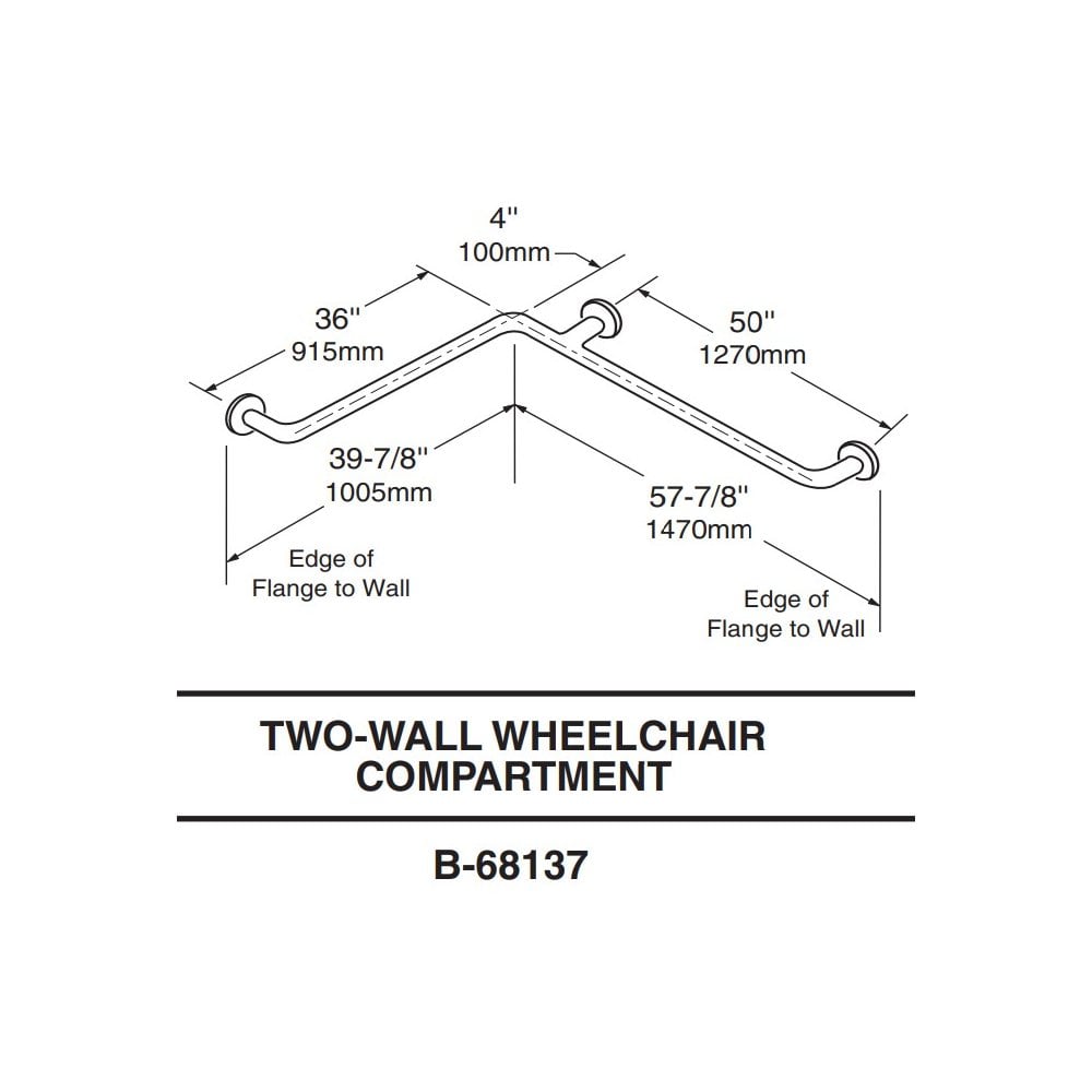 B-68137 Maniglia di sostegno orizzontale a due pareti a forma di L in acciaio inossidabile satinato da 38 mm di diametro (1005 x 1470 mm)
