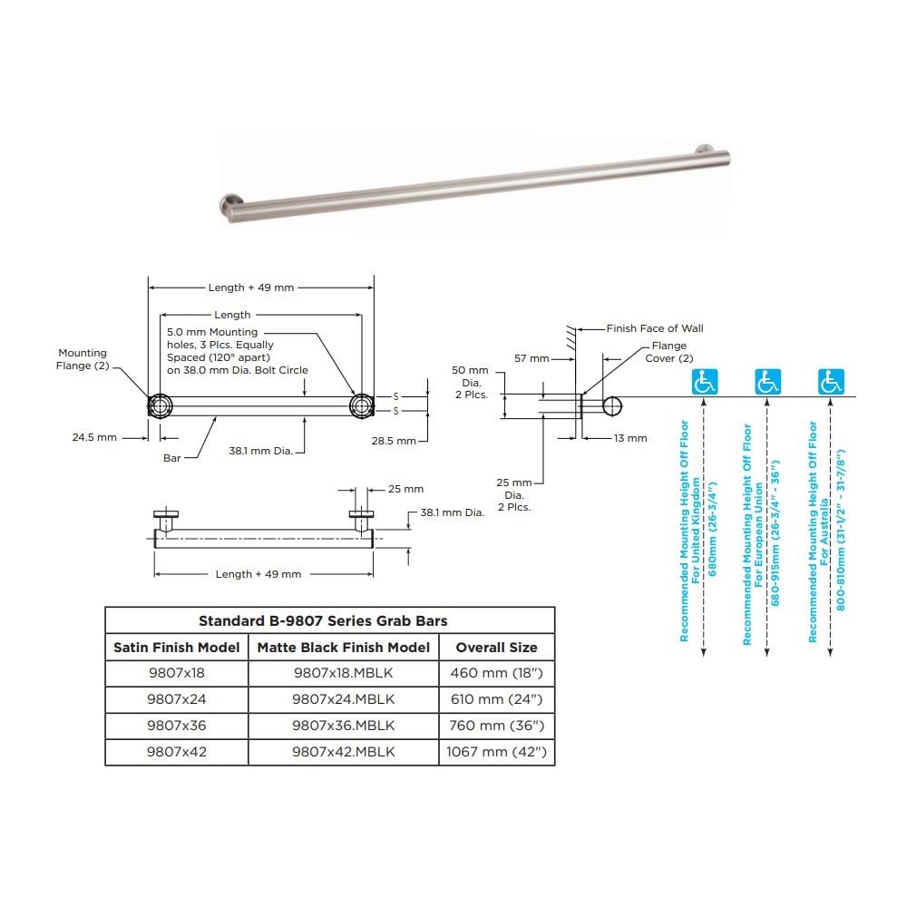 B-9807 FINO Straight Grab Bar with 38mm Bar Diameter (Various Lengths)