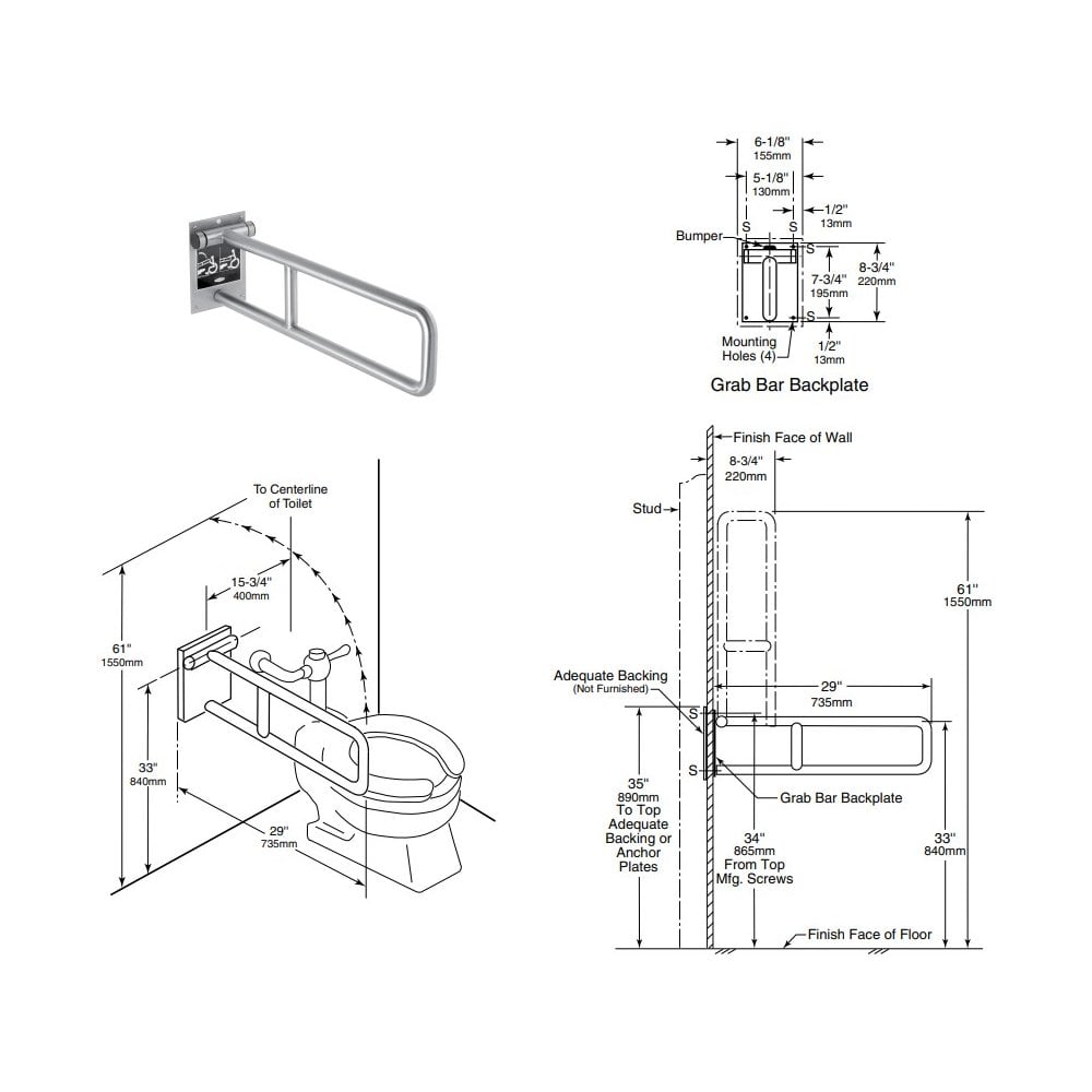 B-4998 735mm Stainless Steel Fold-down Grab Bar