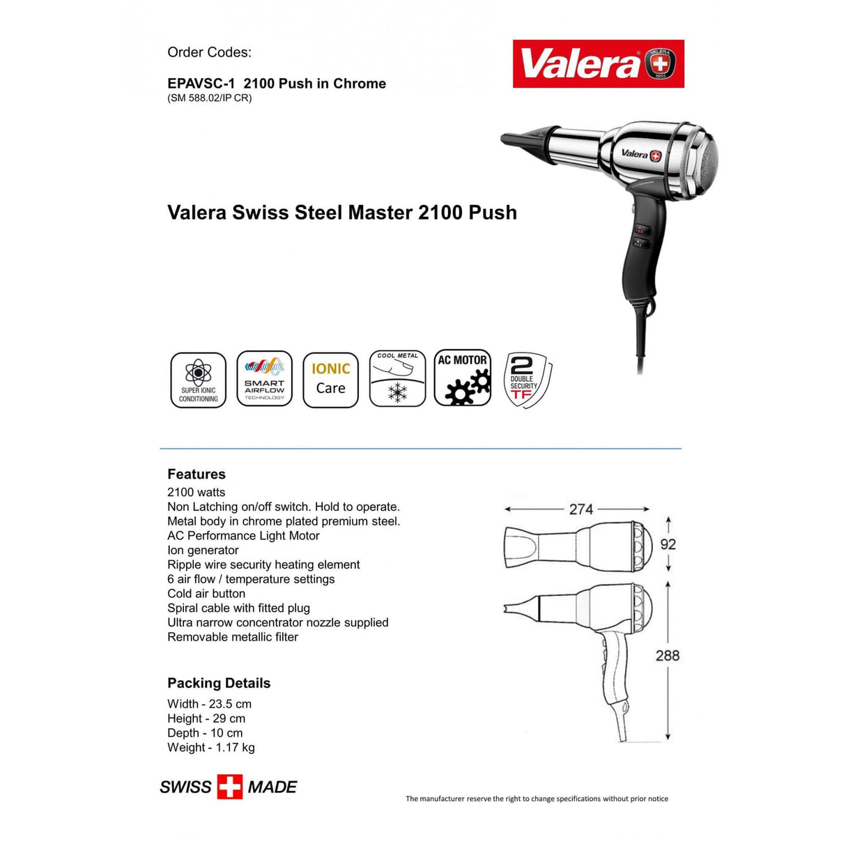 Sèche-cheveux ionique Valera Swiss Steel Master 2100W | EPAVSC/EPAVSC-1