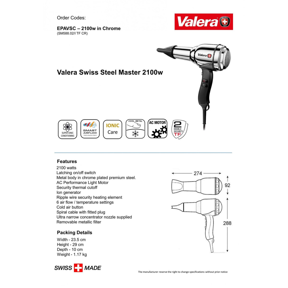 Sèche-cheveux ionique Valera Swiss Steel Master 2100W | EPAVSC/EPAVSC-1