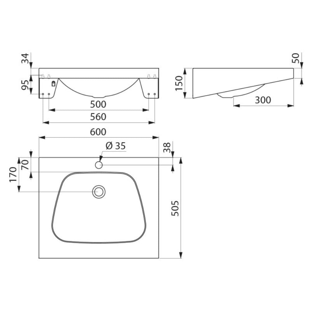120270 / 121270 TRAPEZ Washbasin 600x505 Washbasin (With or Without Tap Hole)