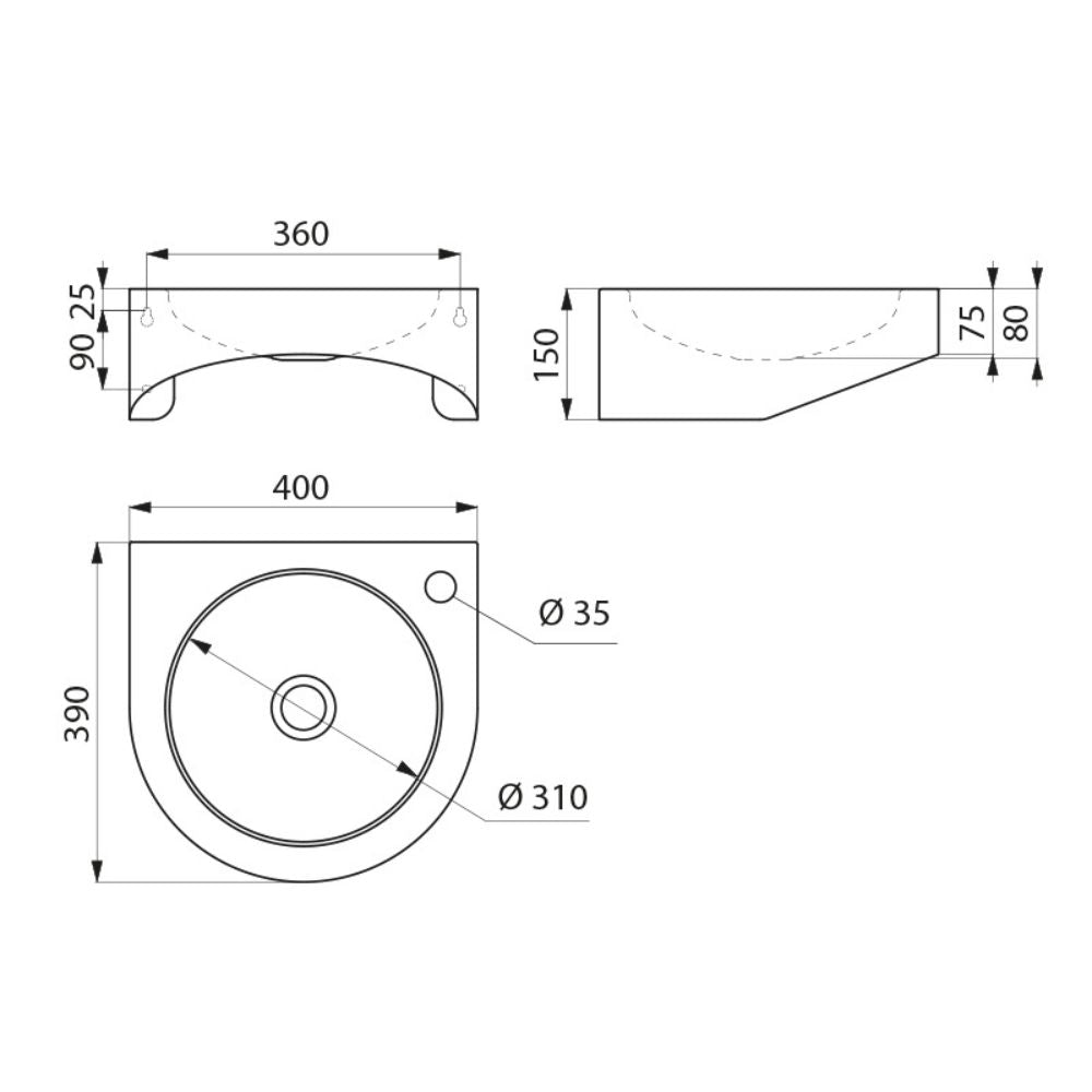 120400 / 123400 Person with Reduced Mobility XS Wall Mounted 390x400 Washbasin (With or Without Tap Hole)