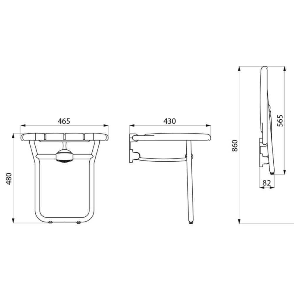 Technical drawing of a folding shower seat with dimensions labeled