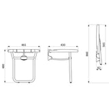 Technical drawing of a folding shower seat with dimensions labeled