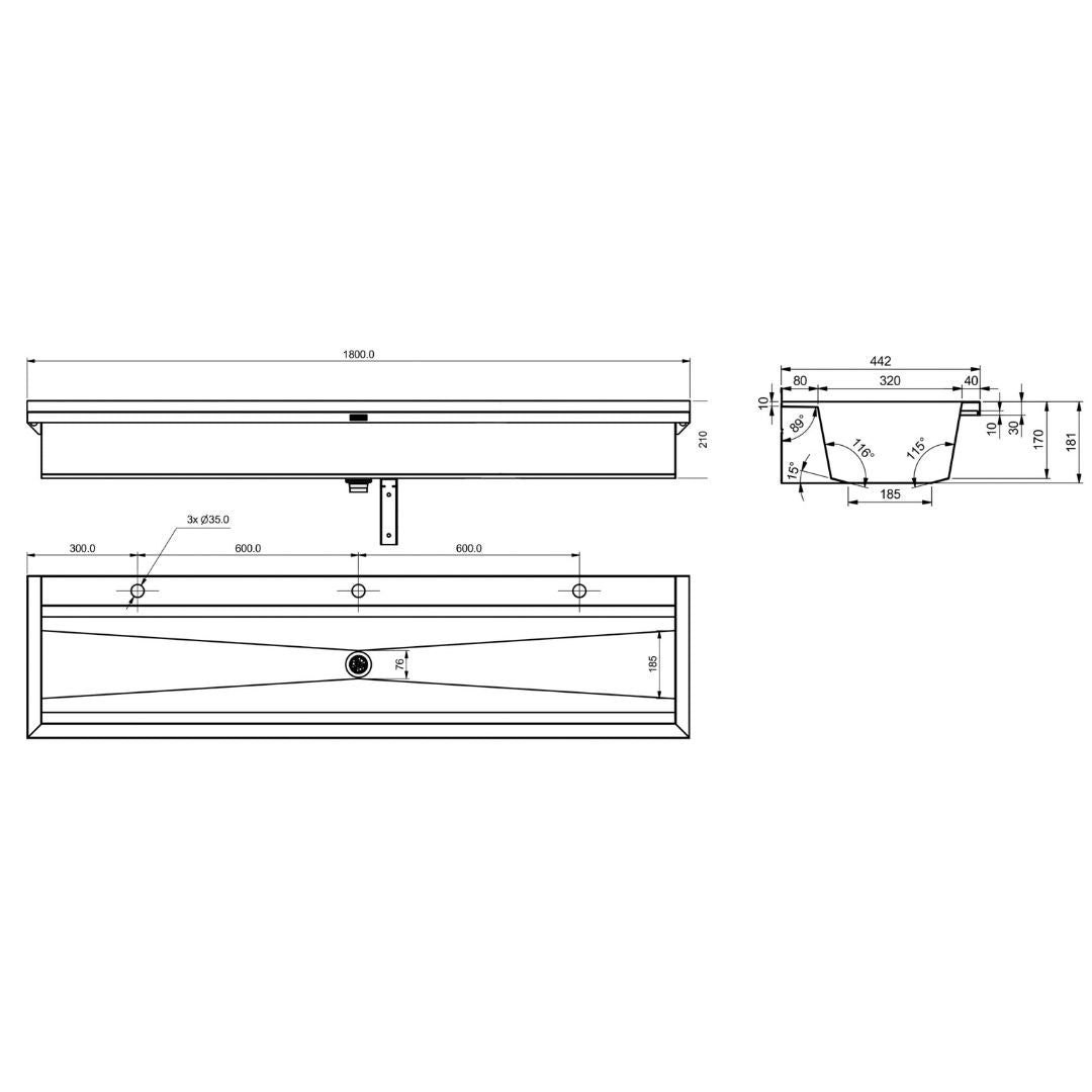 Planox L.1800mm Wall Mounted Stainless Steel Wash Trough with 3 Tap Holes