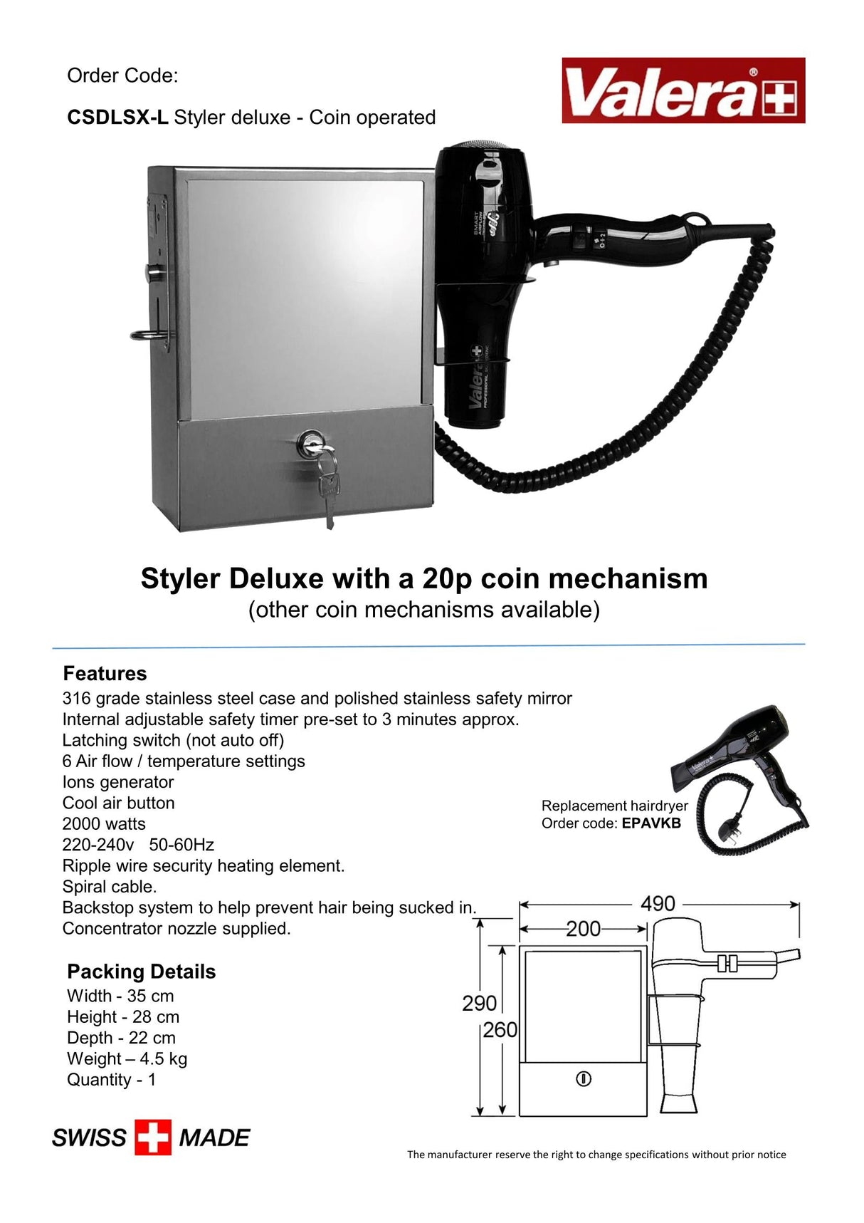 Styler Deluxe avec un mécanisme à pièces de 20p et un sèche-cheveux ionique Swiss Silent Jet 7700 | CSDLSX-L
